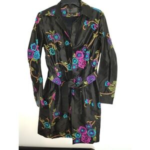 Finity Studio Womens Black‎ Silk Embroidered Floral Trench Coat Belted Jacket 4